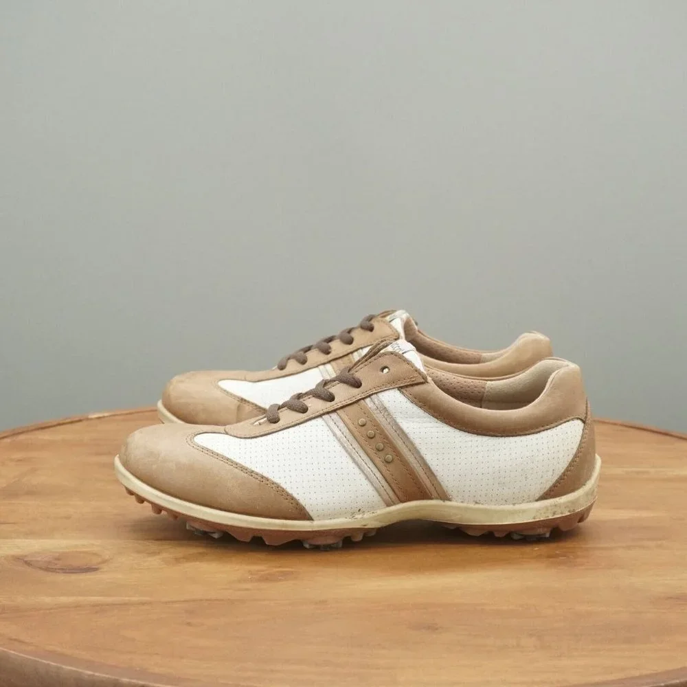 Ecco Womens Golf Shoes White Brown Leather Spiked Waterproof 39 EU / 8 US